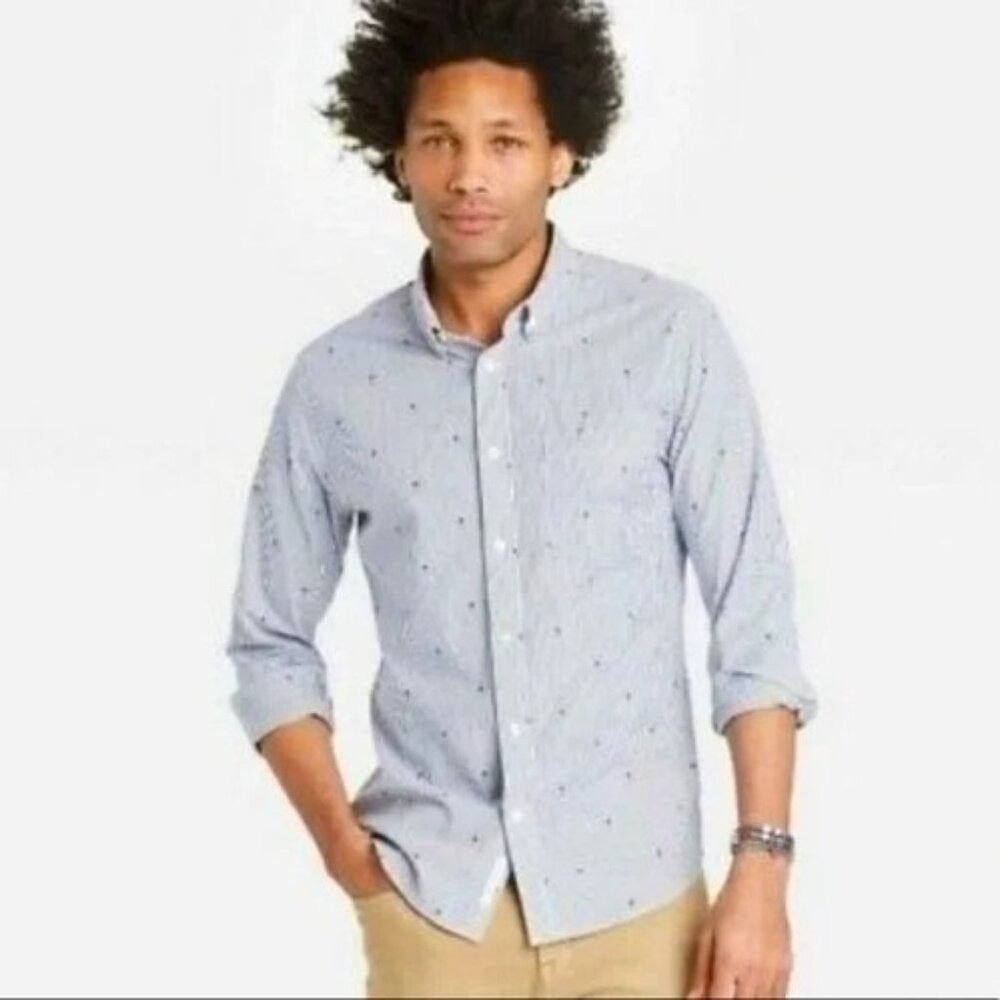 Mens Goodfellow & Co Blue And White Stripped Button-Down Polo Shirt With Tiny Pa